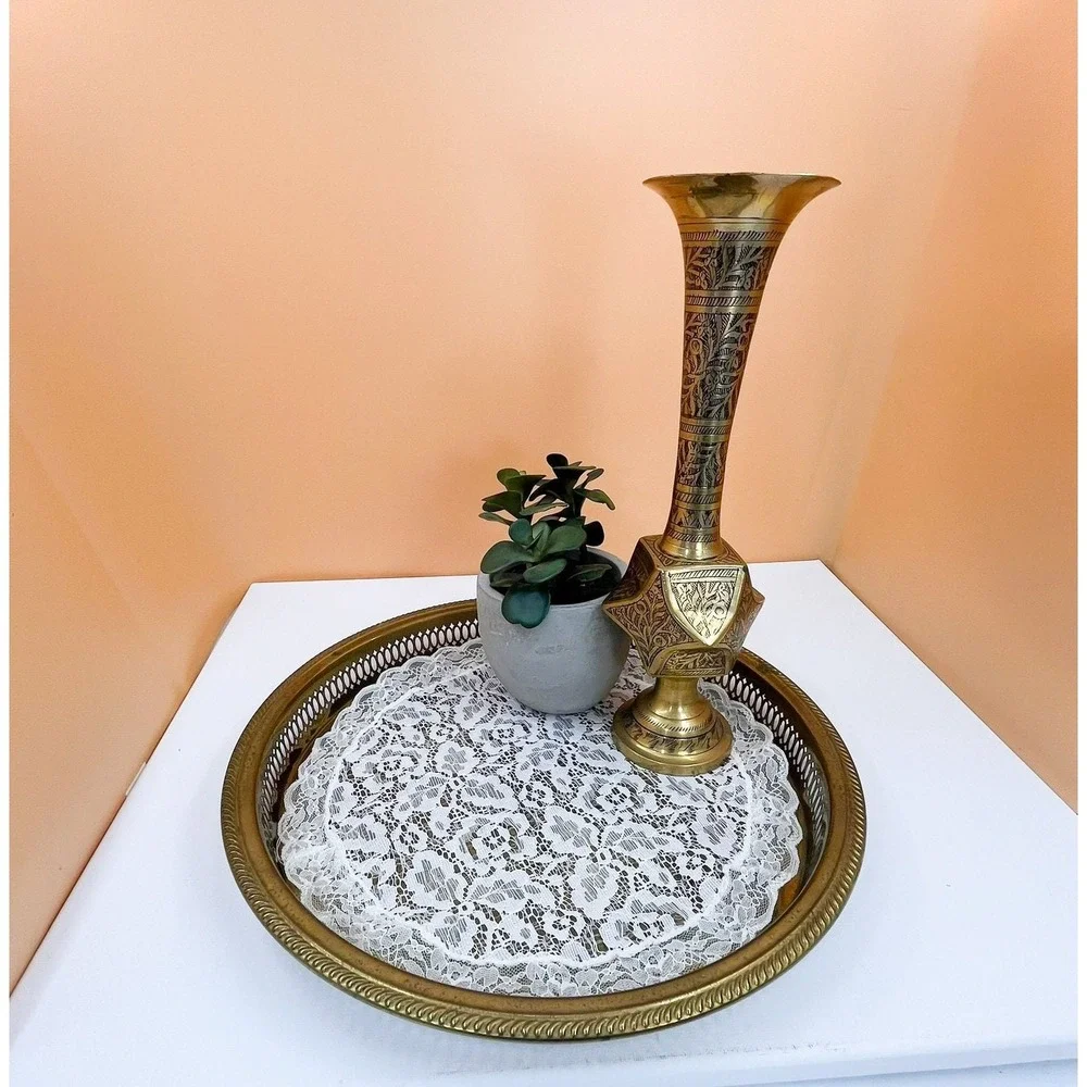 Vintage‎ Floral Brass Pedestal Vase - Made in India